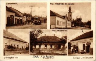1936 Tiszaderzs, utca, autóbusz, Református templom és iskola, Főjegyzői lak, Református lelkészlak, kerékpár, Hangya Szövetkezet üzlete és saját kiadása