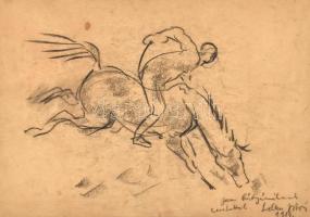 id. Lelkes István (1908-2000): Ló és lovas. Szén, karton, foltos, jelzett, ajándékozási sorokkal, keretben. 30,5x44 cm