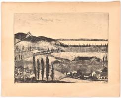 Stettner Béla (1928-1984): Szigliget. Rézkarc, papír, lap szélén szakadással, jelzett, 29,5×39 cm