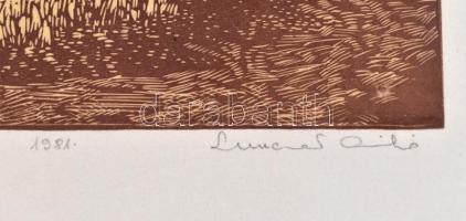 Lunczer Anikó (1942- ): Tanyák. Linómetszet, papír, jelzett és datált (1981), próbanyomat. Képzőművé...