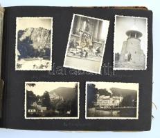 cca 1940-1960 Régi fotóalbum, városok, események, Lillafüred, Fehérvár, Gödöllő, Eger, Kassa, Tihany, stb., 152 db fotóval, 6×9 cm