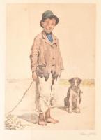 Edvi Illés Aladár (1858-1927): Fiú kutyával. Színezett rézkarc, papír, apró foltokkal, jelzett, üvegezett keretben. Tudomásunk szerint korábban nem szerepelt aukción. Ritka! 24×18 cm