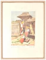 Edvi Illés Aladár (1858-1927): Lányok a székelykapu előtt. Színezett rézkarc, papír, jelzett, üvegez...