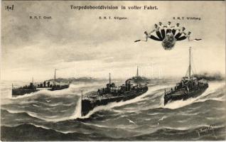 Torpedobootdivision in voller Fahrt / SMS Greif, SMS Alligator, I. osztályú torpedónaszádok, SMS Wildfang Huszár-típusú torpedóromboló (Zerstörer), matrózok / WWI K.u.K. Kriegsmarine destroyers, torpedoboat, mariners. G. Fano Pola 1908-09. 36. s: G. Kappler