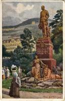 Karlovy Vary, Karlsbad; Kaiser Franz-Josef-Denkmal, Café Park Schönbrunn / Franz Joseph I of Austria monument, hotel, café. B.K.W.I. Serie 203/9. s: Hans Götzinger (EK)