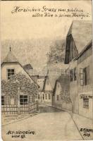 1939 Wien, Vienna, Bécs XIX. Alt-Sievering, Weinhaus / street view, wine bar, inn. hand-drawn art postcard s: R. Fischer (EM)