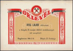 1956 Nagykanizsa, A Bányász SE által kiállított oklevél ökölvívó versenyen való szereplésért