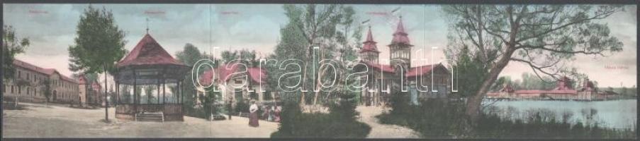 1911 Hévíz-fürdő, Rákóczi ház, zenepavilon, Csányi ház, fürdőbejárat. Három részes kinyitható panorámalap, Mérei Ignácz kiadása