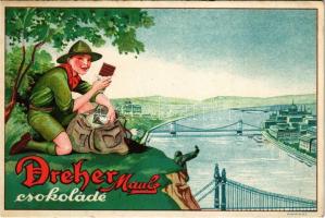 1939 Dreher Maul csokoládé reklámlapja, cserkész a Gellért-hegyen / Hungarian chocolate advertisement card with boy scout
