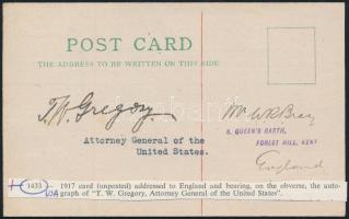 Thomas Watt Gregory (1861-1933) amerikai főügyész, politikus aláírása autogramkártyán / Autograph signature of attorney general Thomas Watt Gregory