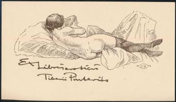 Haranghy Jenő (1894-1951): Ex libris eroticis Tibertii Pinterits (erotikus kisgrafika). Vonalas klisé, papír, jelzett a klisén, 8x14 cm