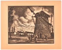 Conrád Gyula (1877-1959): Szélmalom, 1925. Rézkarc, papír, jelzett, paszpartuban, 29,5×35 cm