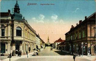 1912 Belovár, Bjelovar; Zagrebacka ulica / utca, Gustav Hirsl üzlete, templom. Lav. Weiss kiadása / street view, shops, church (EK)