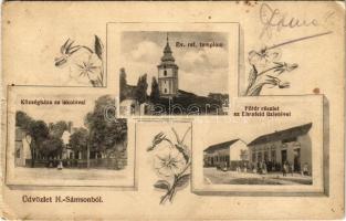 1914 Hajdúsámson, H.-Sámson; községháza, iskola, református templom, Fő tér, Ehrnfeld üzlete. Art Nouveau (ragasztónyom / gluemark)