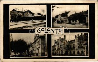 1947 Galánta, Vasútállomás, Hotel Tatra szálloda és étterem, utca, Esterházy kastély / railway station, hotel, restaurant, street view, castle (fl)