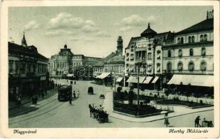 1940 Nagyvárad, Oradea; Horthy Miklós tér, villamos, Neumann M. üzlete, kávéház / square, tram, shops, café (EK)