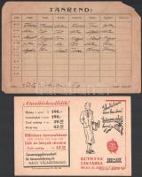 cca 1926-52 össz. 5 db tanrend és órarend. Egyik hátoldalán Schäfer cég illusztrált reklám hátoldall...