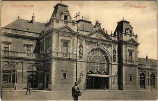 1910 Kolozsvár, Cluj; Pályaudvar, vasútállomás. Sámuel S. Sándor kiadása / railway station (ázott sarok / wet corner)