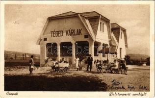 1931 Csopak, Balaton-parti vendéglő, Téged várlak étterem, pincérek + KESZTHELY - BUDAPEST 48 A vasúti mozgóposta bélyegző (gyűrődés / crease)