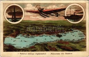 1938 Balaton, látkép légtávlatból, térkép vitorlással, hidroplánnal és gőzhajóval (EK)