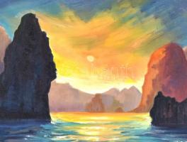 Tavaszy jelzéssel: Vízparti naplemente. Olaj, vászon, fa keretben, 50x70 cm