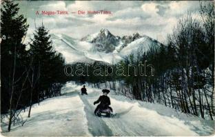 1911 Tátra, Vysoké Tatry; szánkózók télen / sledding, sleighing in winter, sport (EK)