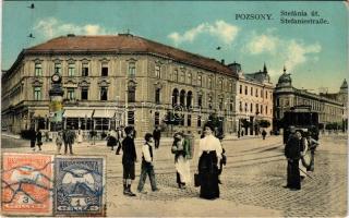 1912 Pozsony, Pressburg, Bratislava; Stefánia út, villamos, hirdetőoszlop, Kohn József üzlete. Leopold Weisz / street, tram, shop (Rb)