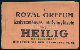 cca 1930 Royal Orfeum kedvezményes utalványfüzet, 5 db sorszámkövető jeggyel, borítón Heilig harisnyaház relámja