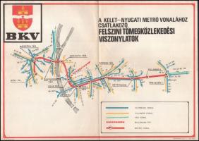 cca 1970 BKV A kelet-nyugati metró vonalához csatlakozó felszíni tömegközlekedési viszonylatok térkép, 30x42 cm, hajtásnyommal,