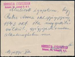 1945 A Budapest VII. ker. Városháza Gyógyszertár alkalmazott részére kiadott pecsételt és aláírt igazolása