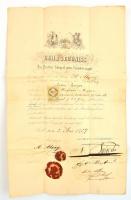 1857 A Pesti Polgári Magán Kereskedelmi Iskola által kiállított, aláírt és pecsételt német nyelvű bizonyítvány Berger Antal ungvári születésű végzett kereskedősegéd részére