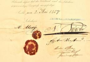1857 A Pesti Polgári Magán Kereskedelmi Iskola által kiállított, aláírt és pecsételt német nyelvű bi...