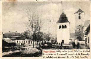 1904 Nagybiccse, Nagy-Bittse, Bytca; templomok, utca. Spiegel Jakab fényképész / churches, street (kis szakadás / small tear)
