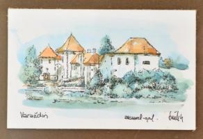 Olvashatatlan jelzéssel: 2 db mű: Varasd. Akvarell, papír üvegezett fa keretben, 7x11 cm