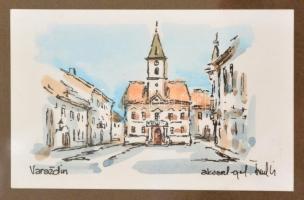Olvashatatlan jelzéssel: 2 db mű: Varasd. Akvarell, papír üvegezett fa keretben, 7x11 cm