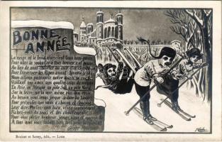 1910 Bonne Année! / French New Year greeting art postcard, winter sport, ski. artist signed