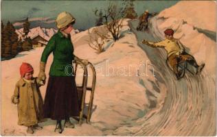 Sledding, winter sport art postcard. Meissner & Buch Künstler-Postkarten Serie 1800. Sport im Winter