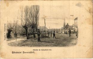 1910 Bereck, Bereczk, Bretcu; Iskola és templom tér. Bogdán F. fényképész / school and church square (EB)