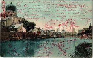 1906 Nagyvárad, Oradea; Körös részlet, zsinagóga. Rákos Vilmos kiadása / Cris riverside, synagogue