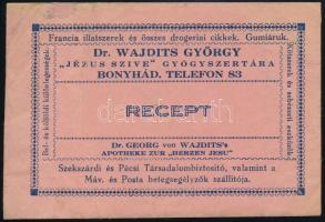 1930 Dr. Wajdist György Jézus Szíve Gyógyszertár Bonyhád restaurált receptboríték eredeti pecsételt recepttel