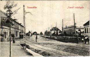 1906 Temesvár, Timisoara; Turul cipőgyár, villamosok, üzlet / shoe factory, trams, shop (vágott / cut)