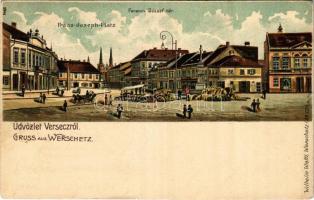 1908 Versec, Werschetz, Vrsac; Ferenc József tér, utcai árusok. Wilhelm Wettl No. 125. / square with street vendors. litho