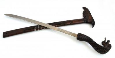 Dekoratív sárkány fejes faragott markolatú kard fa hüvellyel 91 cm