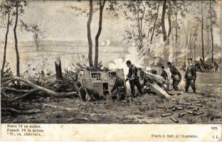 1915 Notre 75 en action. Guerre Européenne de 1914 / WWI French military artillery, 75 mm field gun, cannon in action (fl)