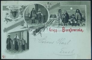 1898 (Vorläufer) Bukovina, Bukowina; Gruss aus... folklore, Romanian rabbi, Jewish men. Romulad Schally Judaica, Art Nouveau, floral, litho