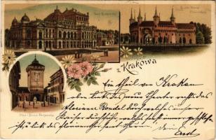 1898 (Vorläufer) Kraków, Krakau; Teatr Krakowski, Rondei bramy Florianskiej, Ulica i Brama Floryanska / theatre, street, gate, castle. Art Nouveau, floral, litho