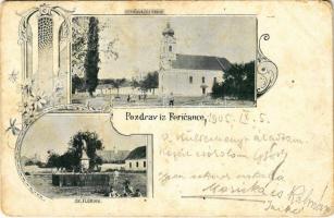 1905 Ferencfalva, Fericanci; templom, Szent Flórián szobor / Fericanacka crkva, Sv. Florian / church, statue. Art Nouveau, floral (kopott sarkak / worn corners)