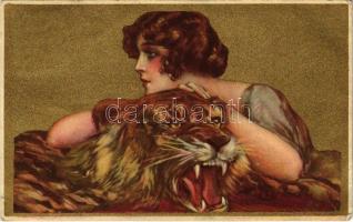 1922 Lady with tiger. Italian golden art postcard. Anna & Gasparini 101-3. unsigned Corbella (EB)