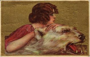 1922 Lady with polar bear. Italian golden art postcard. Anna & Gasparini 101-2. unsigned Corbella (EB)