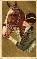 1922 Lady with horse, jockey. Italian golden art postcard. Anna & Gasparini 116-4. unsigned Corbella